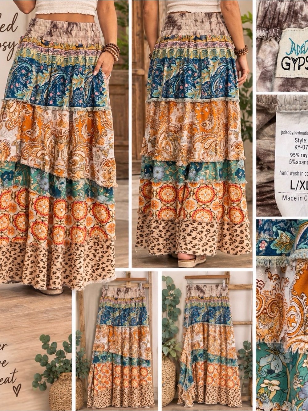 Jaded Gypsy KY-07 L/XL Boho Floral Paisley Patchwork Tiered Maxi Skirt